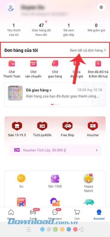 Nhấn vào mục Đơn hàng của tôi