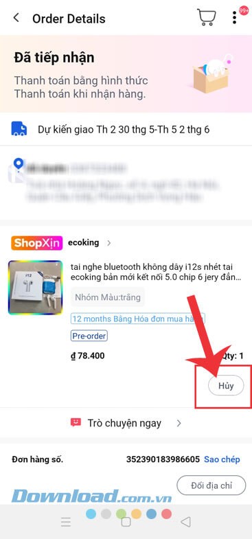 Ấn vào nút Hủy