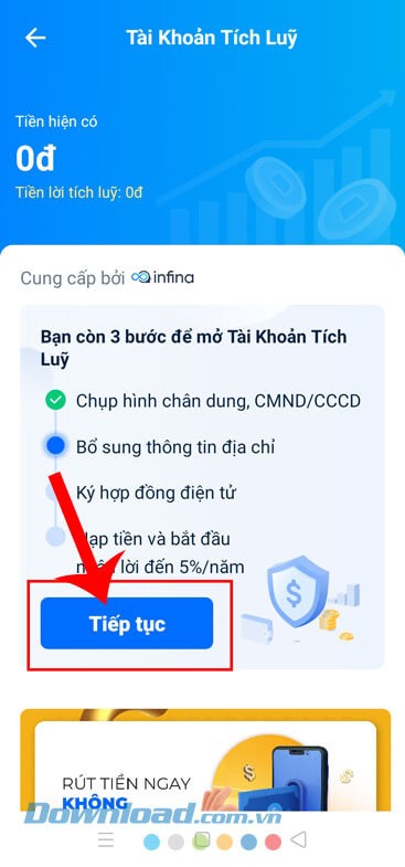 Ấn vào nút Tiếp tục