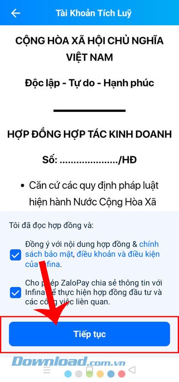 Đọc hợp đồng và ấn nút Tiếp tục