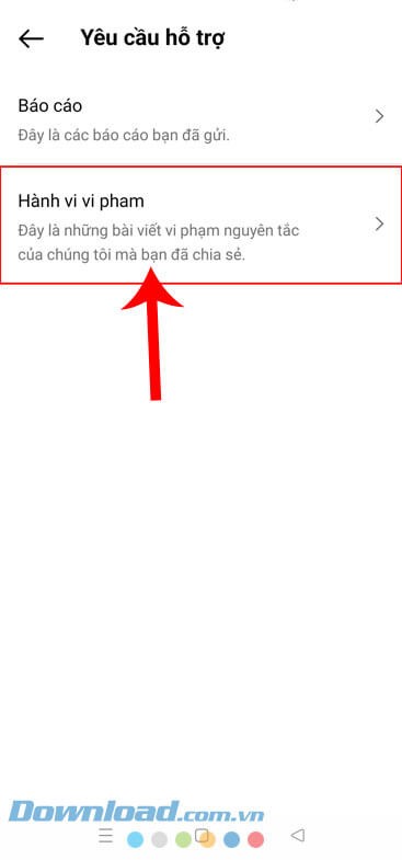 Chạm vào mục Hành vi vi phạm