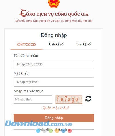 Đăng nhập tài khoản Cổng Dịch vụ công Quốc gia