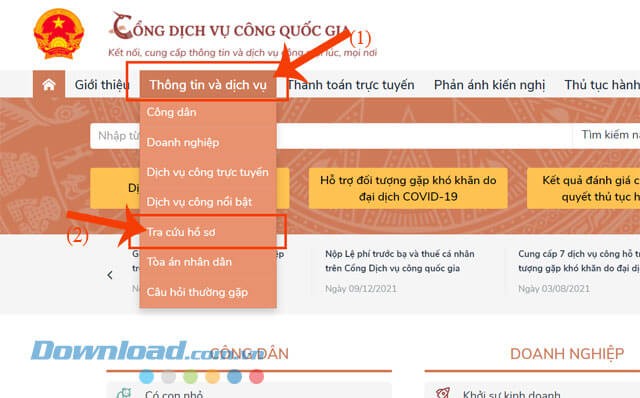 Click chuột vào mục Thông tin và Dịch vụ > Chọn mục Tra cứu hồ sơ