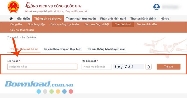 Nhập mã số hồ sơ và mã bảo mật