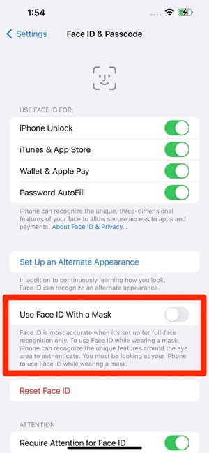 Thiết lập mở FaceID cùng khẩu trang