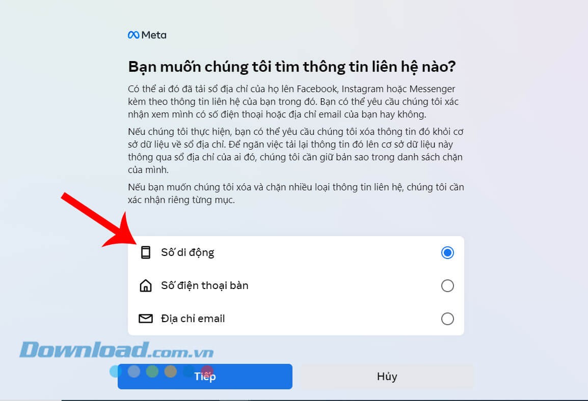Chọn thông tin: số di động, số điện thoại bàn, địa chỉ email