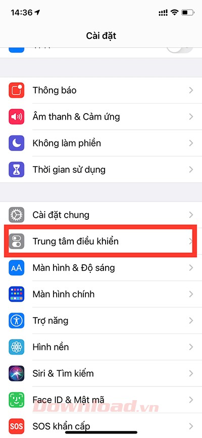 Trung tâm điều khiển Cài đặt iPhone