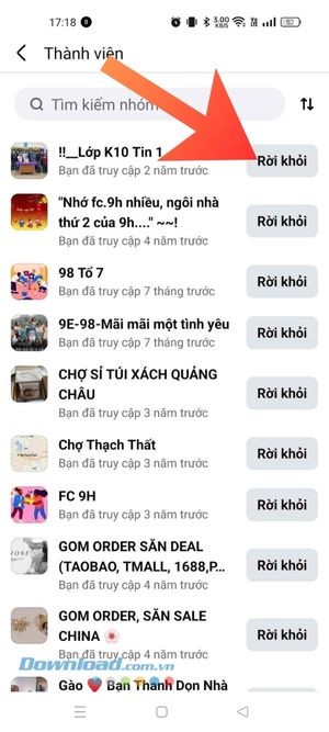 Chạm vào nút Rời khỏi phía bên phải một nhóm bất kỳ
