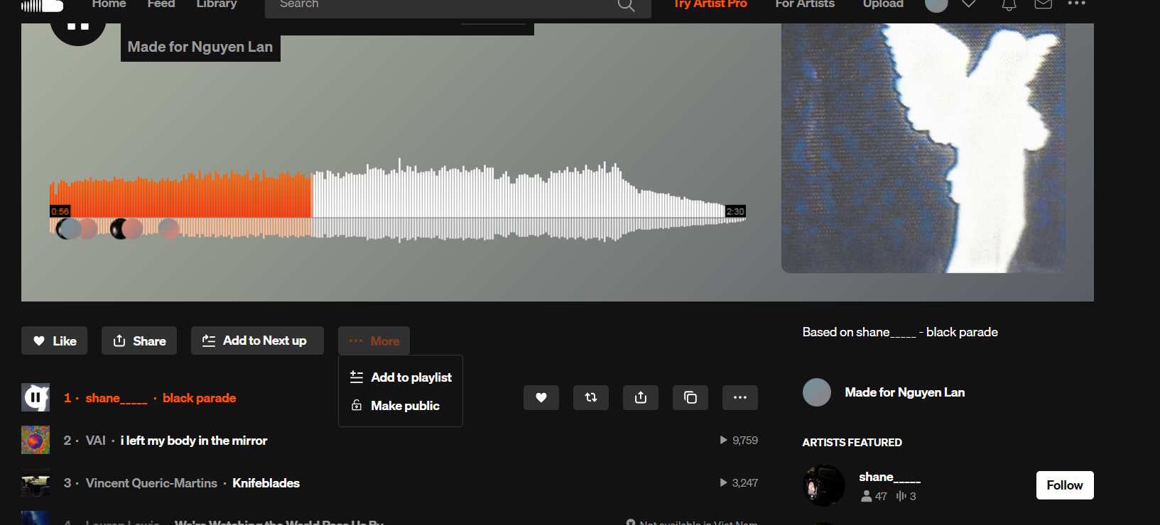 Các nút tính năng trên bài hát ở SoundCloud