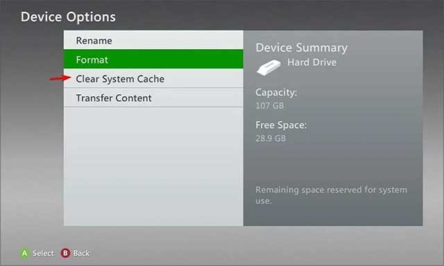 Mở menu Device Options, sau đó chọn Clear System Cache