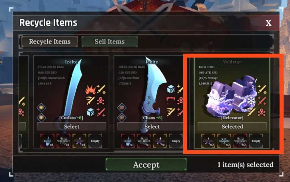 Lựa chọn tái chế đồ trong The Forge