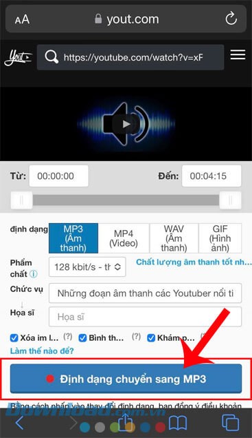 Chạm vào nút Định dạng chuyển sang Mp3