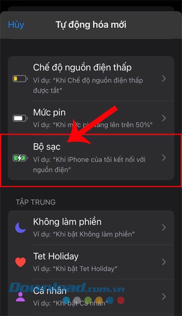 Chọn mục Bộ sạc