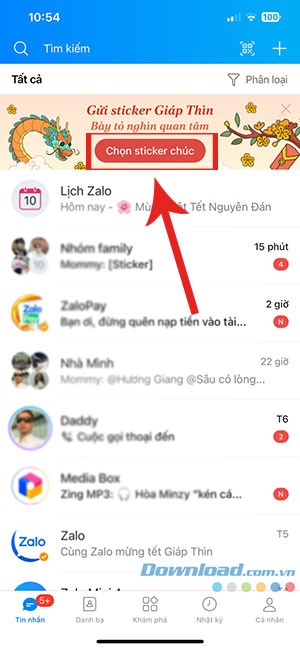 Hướng dẫn gửi sticker chúc Tết Giáp Thìn 2024 trên Zalo