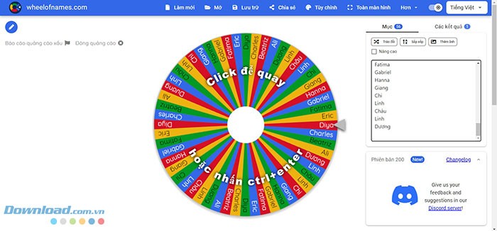 Wheel of Names không giới hạn số lượng tên đưa vào vòng quay