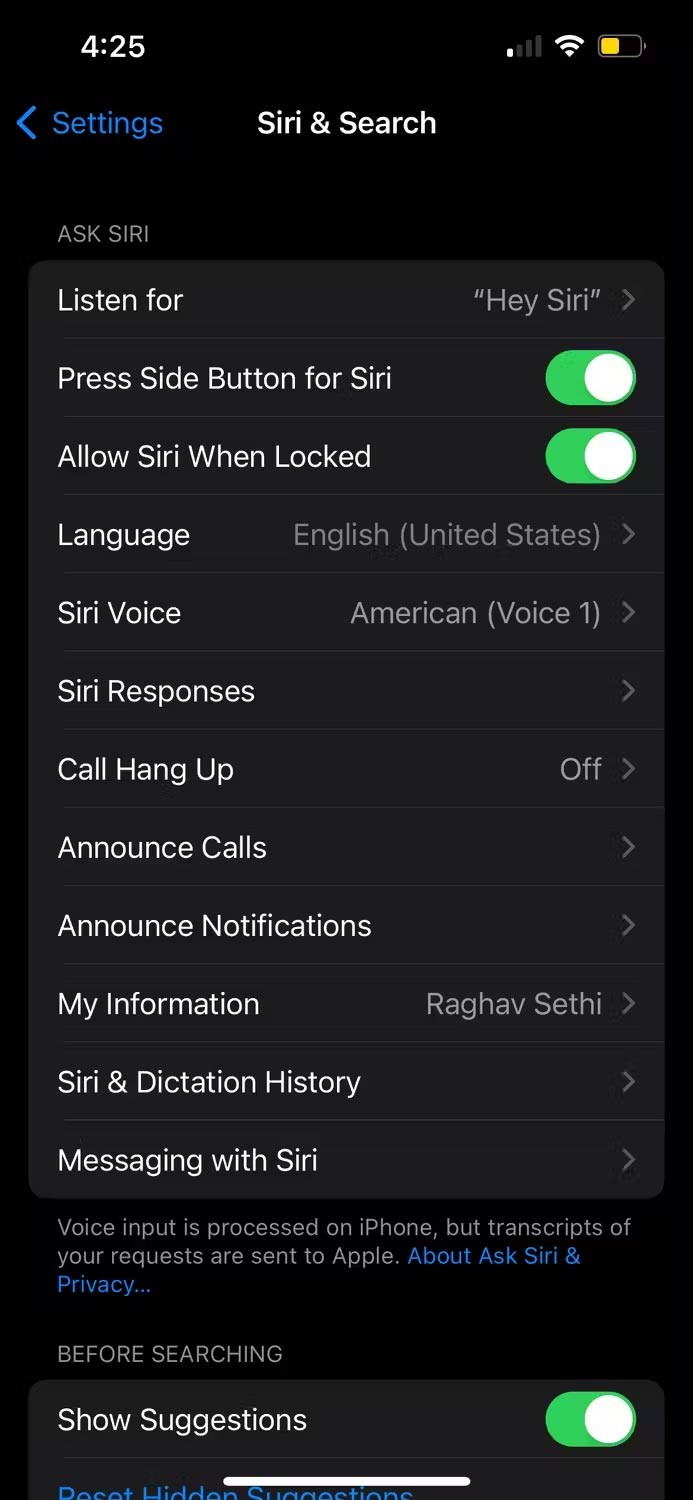 Cài đặt tắt Siri