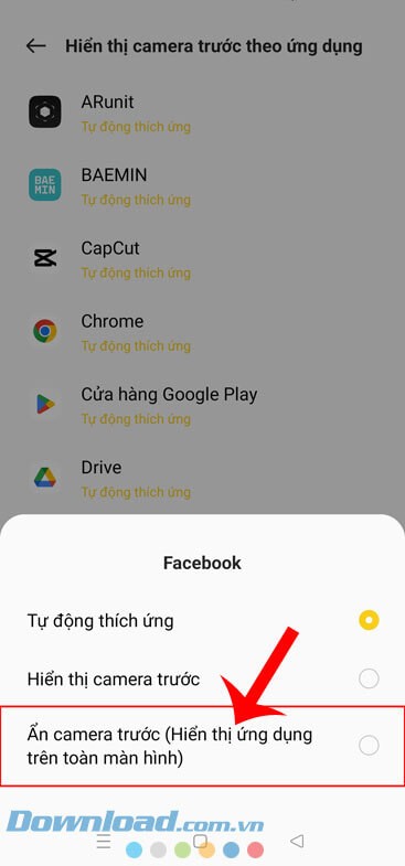 Chọn mục Ấn camera trước (Hiển thị ứng dụng trên toàn màn hình)
