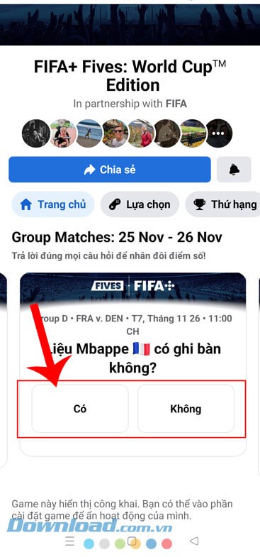 Nhấn vào đáp án Có hoặc Không