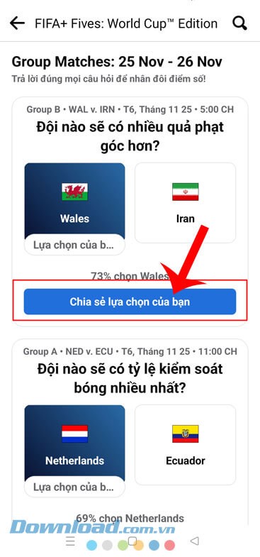 Ấn vào nút Chia sẻ lựa chọn của bạn