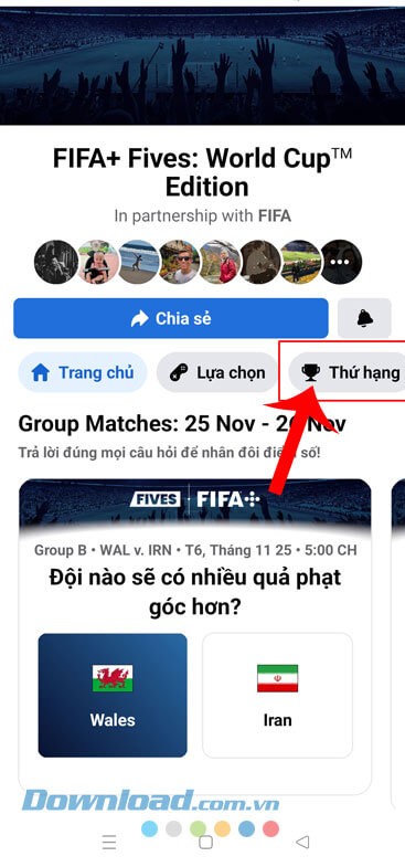 Nhấn vào mục Thứ hạng