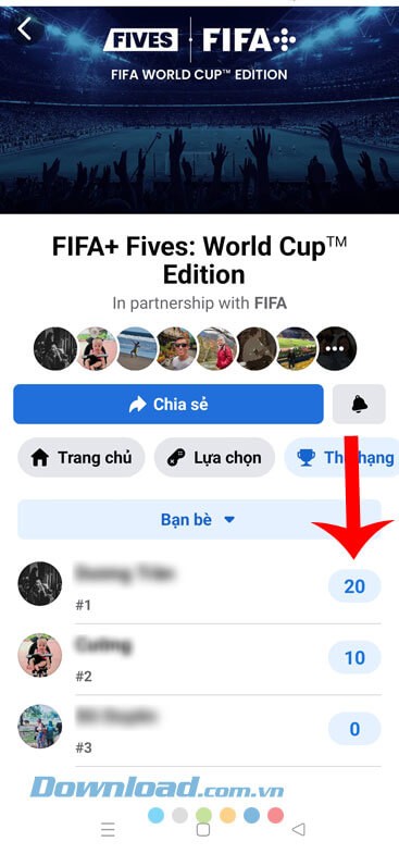 Thứ hạng của mình và bạn bè được hiển thị lên màn hình