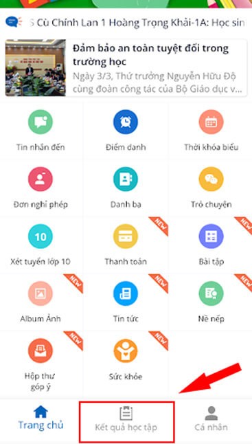 Ấn vào mục Kết quả học tập