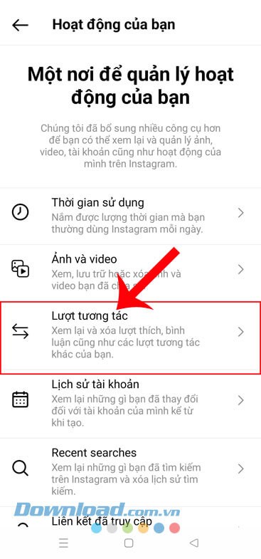 Chạm vào mục Lượt tương tác