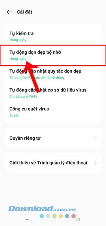 Nhấn vào mục Tự động dọn dẹp bộ nhớ