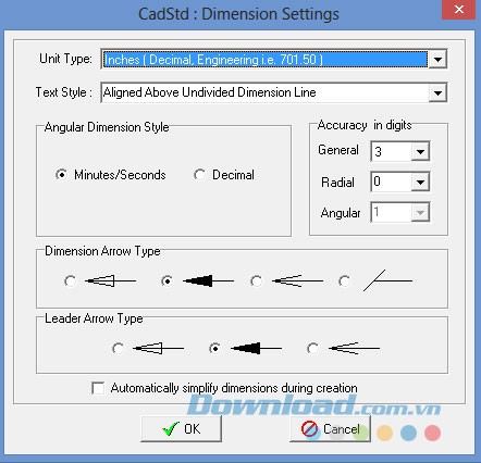 Các lựa chọn cài đặt kích thước