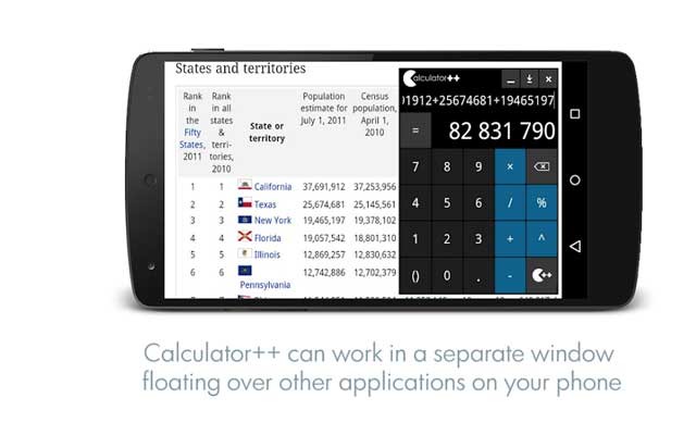Calculator ++ có thể hoạt động trong một cửa sổ riêng biệt nổi trên các app khác
