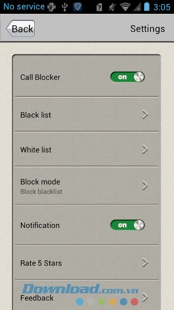 Các thiết lập của Call Blocker