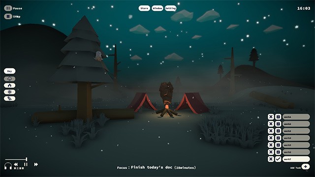 Nghe nhạc và thư giãn trong khu cắm trại ảo của Camp Focus game