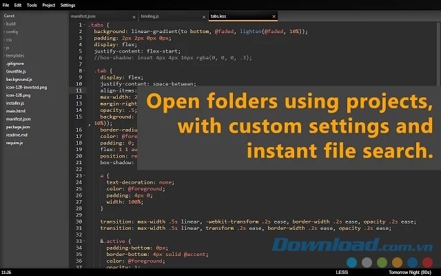 Mở các thư mục với thiết lập tùy ý và tính năng tìm kiếm tập tin ngay lập tức của tiện ích mở rộng Caret