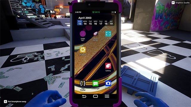 Sử dụng điện thoại để tìm kiếm đơn hàng, đặt mua trang bị và hơn thế trong khi chơi Cash Cleaner Simulator