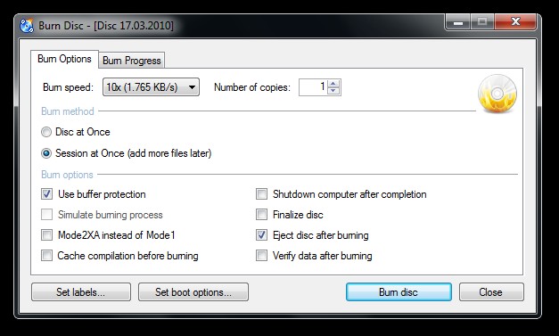 Ghi đĩa miễn phí với tùy chọn Burn Disc