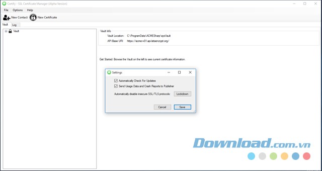 Xem phần thiết lập của ứng dụng bảo mật Certify cho máy tính