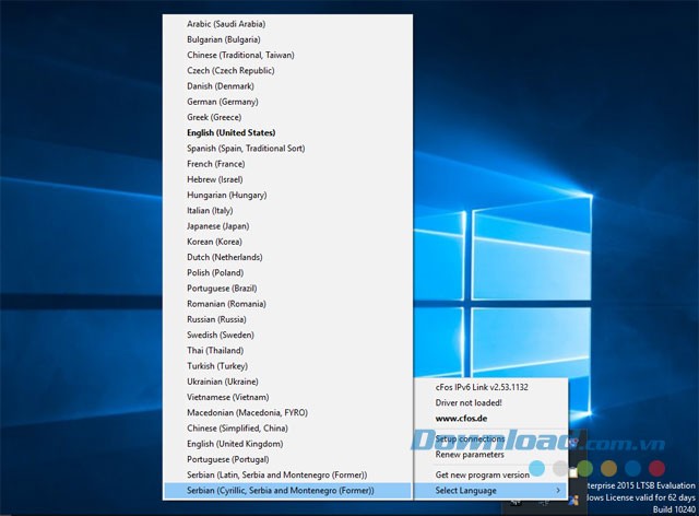 Lựa chọn ngôn ngữ giao diện của ứng dụng cFos IPv6 Link cho máy tính