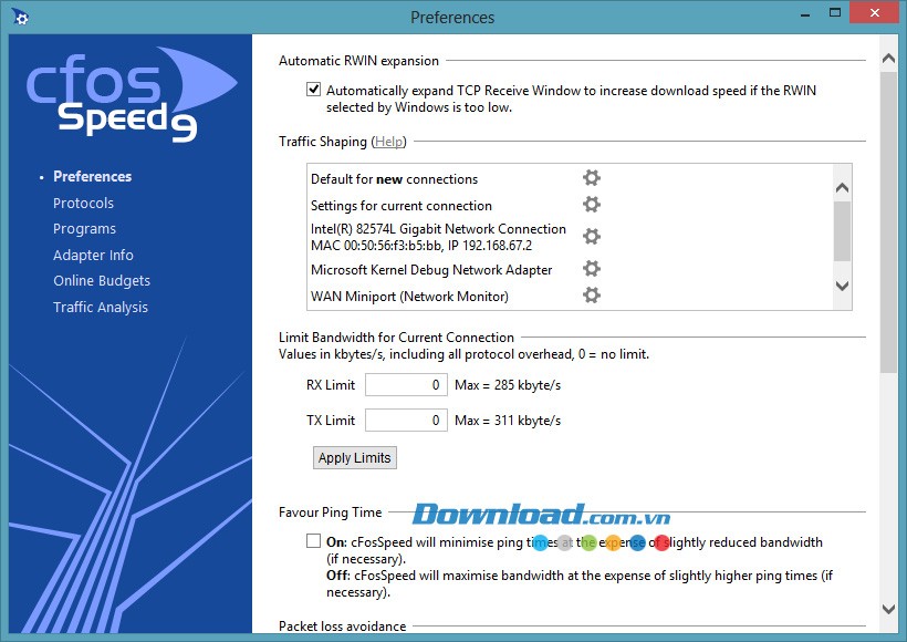 Settings của cFosSpeed 9.04