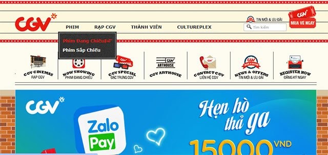 Giao diện chính của CGV