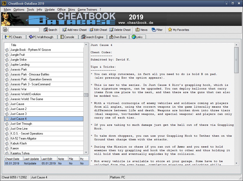 Giao diện CheatBook Database 2019