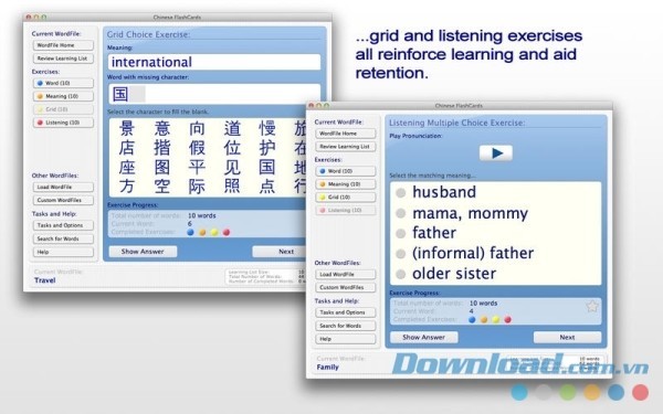 Chinese FlashCards cho Mac sở hữu kho bài tập phong phú