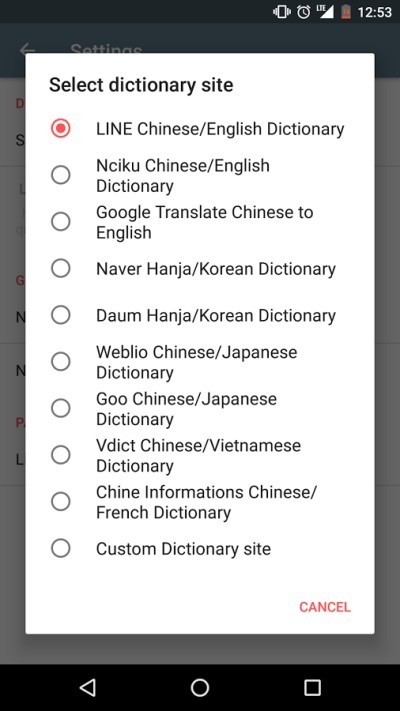 Danh sách các từ điển đã được thêm vào Chinese Handwriting Recog