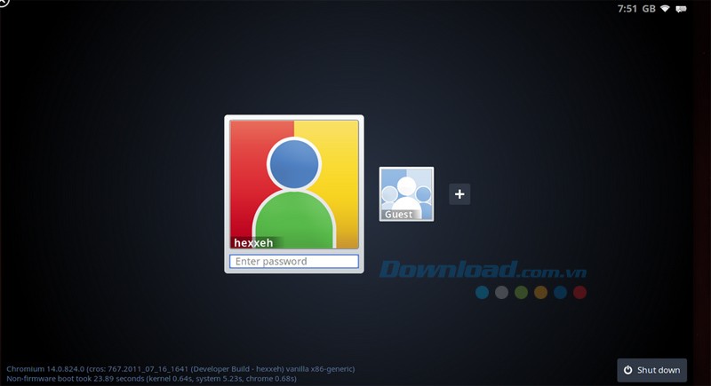 Giao diện đăng nhập của ChromiumOS Vanilla