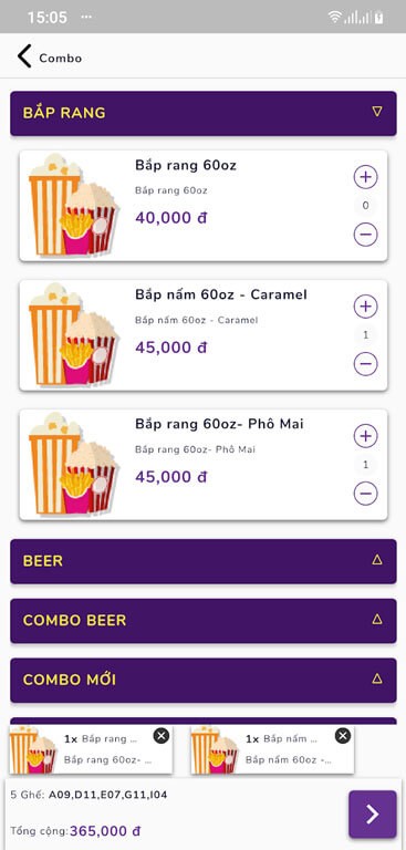 Đặt mua bỏng nước trên Cinestar