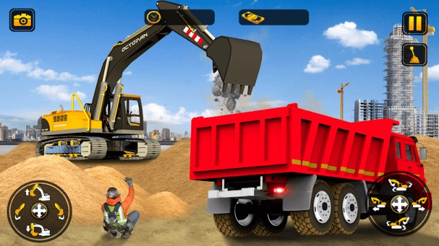 Điều khiển máy múc xúc vật liệu lên xe tải trong game City Construction Simulator
