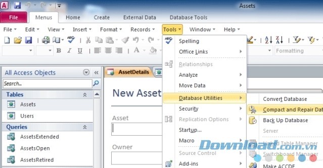 Thanh công cụ và menu của Access 2010