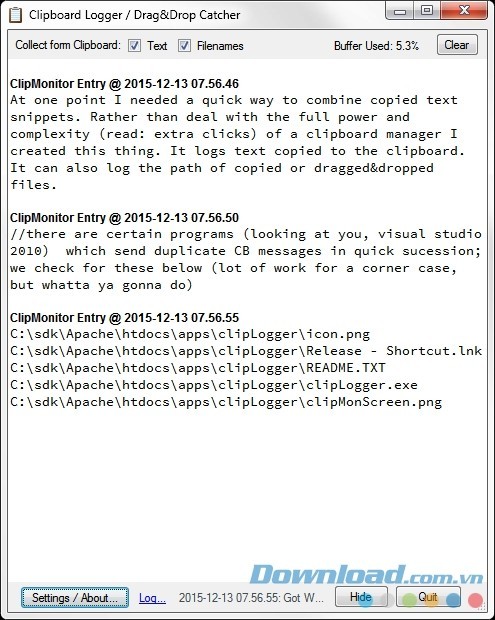 Giao diện phần mềm clipLogger