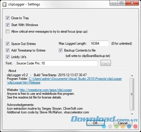 Cấu hình cài đặt clipLogger