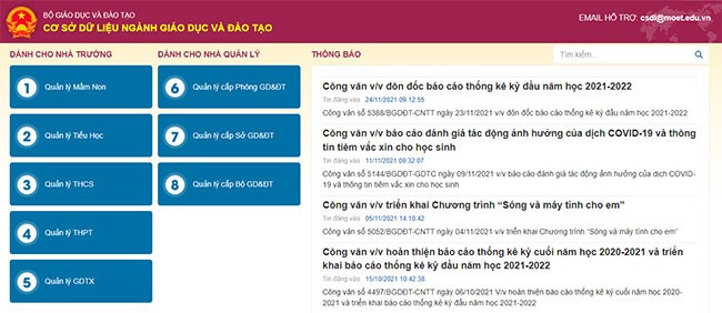 Giao diện hệ thống Cơ sở dữ liệu Giáo dục và Đào tạo