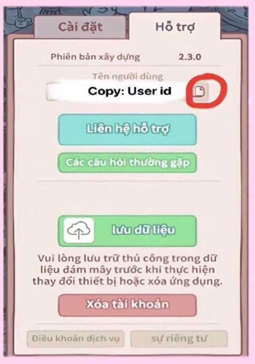 Copy user ID của bạn trong game Cats & Soup: Fluffy Town